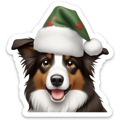 Bordercollie mit braunen und grauen stellen im weißen Gesicht. Spitze Ohren Ohren weis gesicht unterer Teil braun grau. Hat weihnachtsmütze auf  sticker