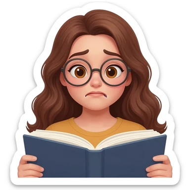 detailed emoji illustration of a curvy woman with long chestnut brown wavy hair, light brown eyes and round glasses reading a book with an emotional expression, touched by the story, emoji style sticker