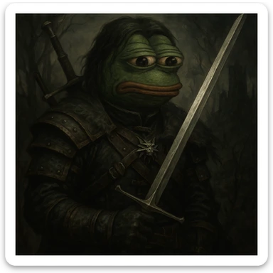 Пэпэ in The Witcher style, with a dark fantasy look and a silver sword sticker