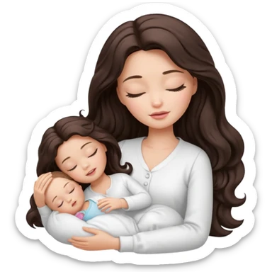 White Barbie girl dark brown long wavy hair in white clothes sleeping with white baby at cream bed, eyes are closed sticker