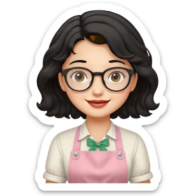 girl with apron, black wavy hair, wearing glasses, a little blush on her cheek sticker