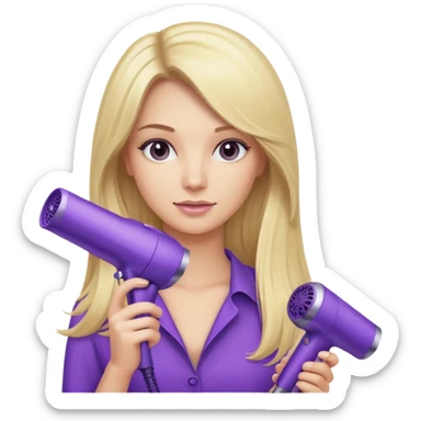 blonde with long hair holding a purple Dyson hair dryer sticker