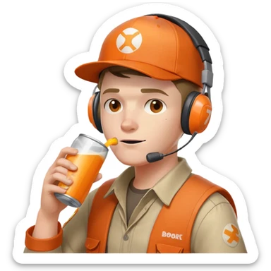 Team Fortress 2 Scout drinking BONK! Atomic Punch orange can, wearing headset and baseball cap, canonical appearance sticker