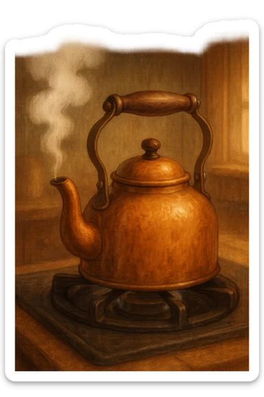 cozy tea kettle steaming on a stove, homey sticker