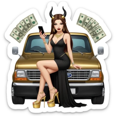 Sensual queen long brown straight haired sexy drug lord woman with  glitter platform high heels on her feet,  and devil black horns on her head, holding a stack of cash, has a phone in other hand. Sitting on the hood of a  gold ford350 pickup truck  full of drugs, long black dress with sexy slit sticker