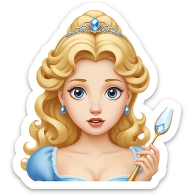 Cinematic Funny Cinderella Portrait Emoji, Stunned expression as she holds a glass slipper much too big, one eyebrow raised, golden curls slightly messy, a mix of royal grace and unexpected humor, capturing a lighthearted twist on her fairy tale moment! sticker