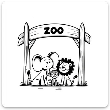 wooden archway labeled 'zoo' with an elephant, lion, kangaroo, and monkey gathered at the entrance, realistic hand-drawn emoji style, avoiding AI or digital look sticker