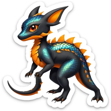 Colorful Iridescent Exotic Black and Orange Salandit-Aurorus-Umbreon-Fakémon-hybrid-creature (full body)  sticker