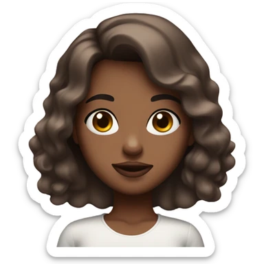 very brune girl with ondulanted hair with white skin and very brown eyes, pink lips, white top sticker