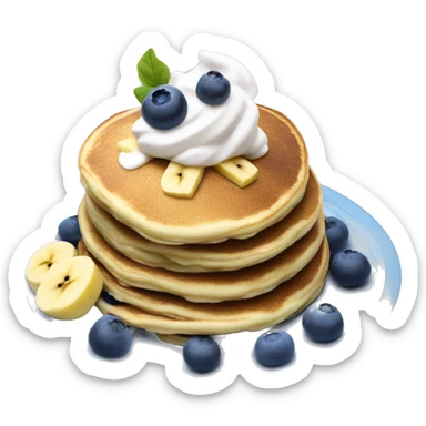 Blueberry pancakes with whip cream and 1 banana sticking in the top sticker