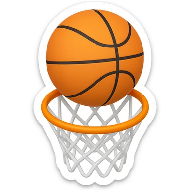 Change the perspective to be from the top of the key, with the basketball about a foot off the rim, in the style of apple emojis, keep the background transparent. sticker