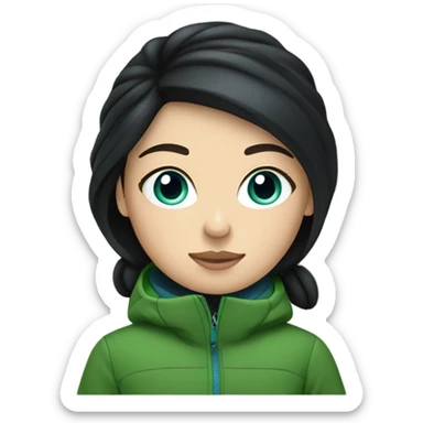 White girl, black hair, blue eyes, skiing, green jacket sticker