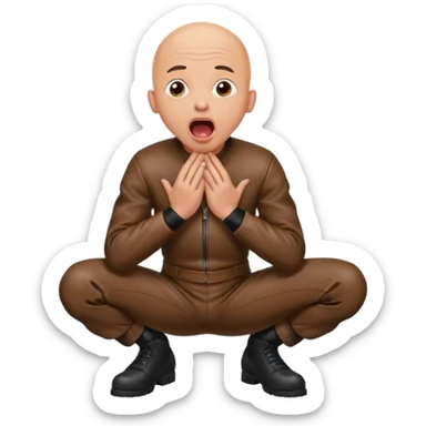 Bald man in leather on his knees, frightened with his tongue out, looking up sticker
