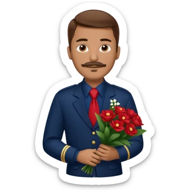Homme avec bouquet fleurs blanches, avec uniforme bleu foncé cravate rouge, arabe raie sur le coté, brun un peu bronzé et yeux marrons 23 ans bouc moustache sans fleurs sur le costume  sticker