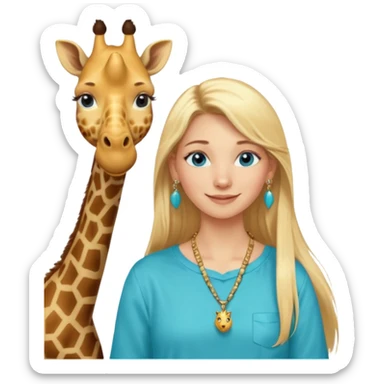 Swedish girl blonde long straigt hair blue eyes turqoise shirt gold earings, girrafe necklace gold small, long lashes smiling closed mouth sticker