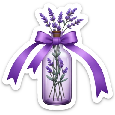 A vintage glass bottle, filled with delicate lavender stems in varying shades of soft lilac and deep aubergine, is adorned with a hand-dyed violet ribbon tied into a gentle bow. The light filters through the dusty glass, casting shadows of lavender sprigs onto the lace-covered surface, as if capturing a fleeting moment of serenity.






 sticker