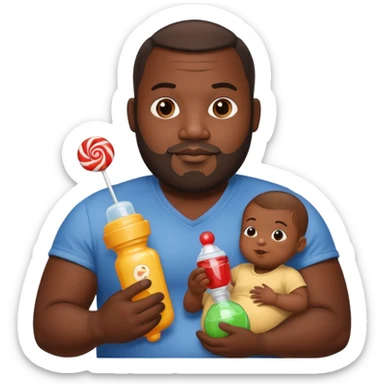 Big black man hold a  baby bottle and a lollipop sticker