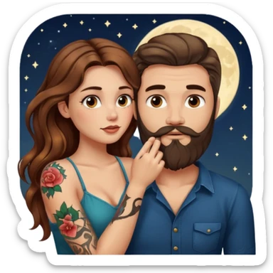 woman with long wavy brown hair tattoos and bearded man, she holds his chin, close flirty stare, moonlight glow sticker