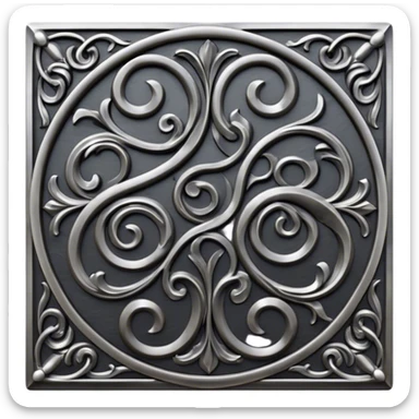 Forged metal icon, intricate wrought iron bas-relief with delicate patterns, swirling shapes, textured metal surface, blacksmithing tools nearby, minimalistic style, clean lines, transparent background. sticker
