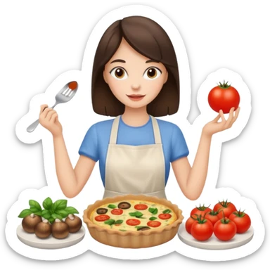 a brunette girl is making a quiche with mushrooms and tomatoes sticker