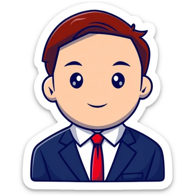 man wearing a dark blue-gray business suit with a white shirt and a red tie sticker