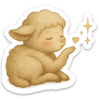 Make the vanilla-colored cloud doe appear curled up, with rosy cheeks, blowing a kiss with sparkles, in a soft Ghibli style, with no background. sticker