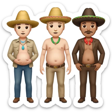 two men standing besides each other. 1 man is white and not pregnant, and the other man is mexican wearing a sombrero and pregnant, holding his belly.  sticker