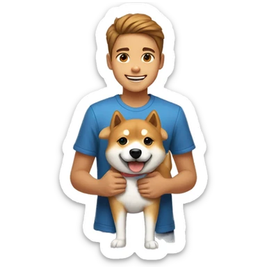 Light brown hairs boy with brown eyes and wide brows 12 years smiling and holding with dog shiba inu  sticker