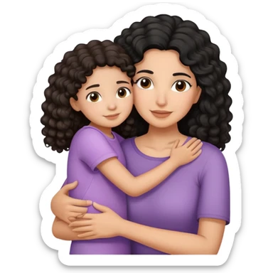 Hispanic mother with curly black hair and daughter with straight brown hair hugging sticker