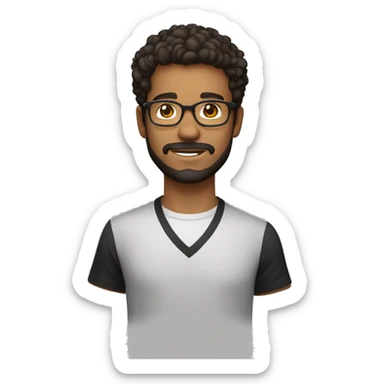 Jeune professeur cheveux noirs, yeux marrons foncés, à lunettes et barbu, avec une chemise noire et un t-shirt blanc sticker