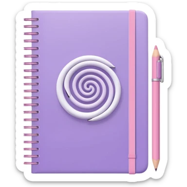 spiral notebook in soft purple, white 'schedule' text on cover, soft pink pencil placed on it, iOS emoji style sticker