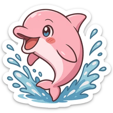 pink dolphin swimming joyfully, splashing water, big smile, anime style, transparent background, 128x128 pixels sticker