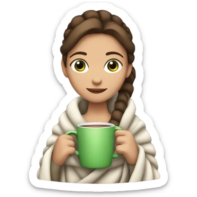 girl with brown hair with a ponytail wrapped in a blanket, she has green eyes, she is also holding a mug of hot chocolate. sticker
