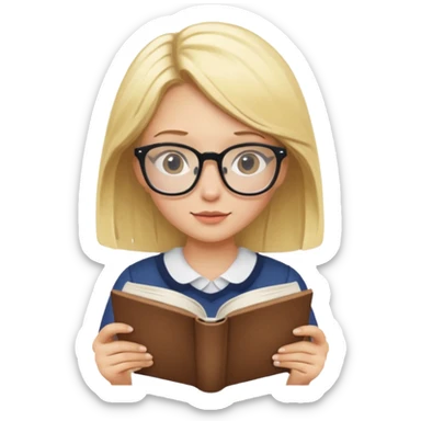 blonde girl with glasses reading sticker
