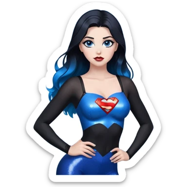 very very large chest-hands heart emoji -stunning beautiful face-black leggings-glitter lips-very long straight-dark-black to blue ombre hair-and-blue-eyes-a lot of black eyeliner-thick-long-eyelashes-sky blue with glitter superman character on bra sticker