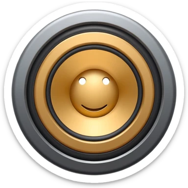Minimal emoji icon of a modern metallic speaker, front view, detailed geometry, dark metallic body, subtle highlights, isolated sticker