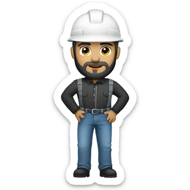 An engineer with white-skin and black-beard, standing and wearing black jeans and light blue long sleeve and white helmet  sticker