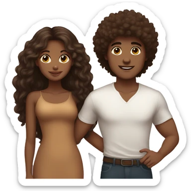 brown skin girl and white brunette boy with fluffy hairs couple sticker