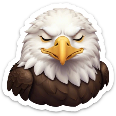 Meme-Worthy Cute Sleeping American Eagle Portrait Emoji, Head resting peacefully with a contented smile, showcasing a broad, stately form with eyes gently closed in serene slumber and a striking contrast of white head and dark body, Simplified yet adorably endearing features, highly detailed, glowing with a soft, drowsy majestic light, high shine, relaxed and utterly lovable, stylized with an air of playful laziness, soft glowing outline, capturing the essence of a sleeping American eagle that feels destined to become the next viral icon of adorable rest! sticker