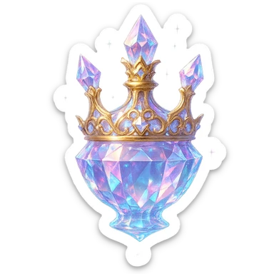 very luxurious crystal crown-shaped elixir bottle, pastel gradient, lots of glowing highlights, facets, ornaments, golden details, magical effects, very small golden neck, transparent background, beautiful merging base, clearly floating in air, no base or shadow, premium class, interesting, fits collection sticker