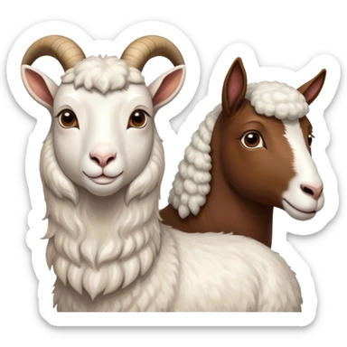Portrait collage of domestic hooved animals: A calm goat with soft fur, a fluffy sheep with large eyes, and a noble horse with a shiny coat. Soft green meadow and distant hills in the background. Transparent background. sticker