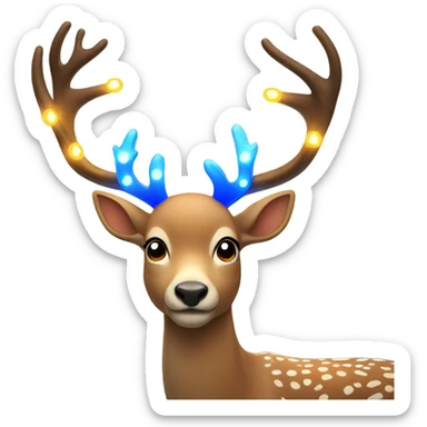 Deer with 4 antlers lit up with warm lights and a blue bow sticker