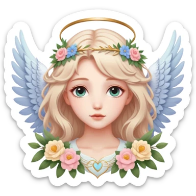 Dreamy divine godly pretty pastel anime flowers feathers hearts wings angelic laurel lady with pretty hair and gorgeous eyes aesthetic sticker