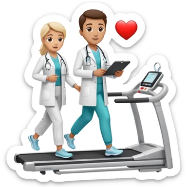 patient on a treadmill, doctor with clipboard supervising, heart monitor in background sticker