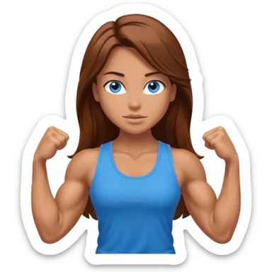 Girl with long brown hair, blue eyes and really muscular arms, flexing her muscles. Wearing a tank top sticker