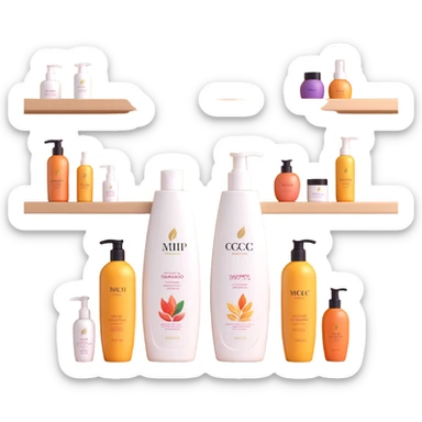 Shampoo bottle, color tube, and conditioner standing on a shelf, products are luxury brand-labeled sticker