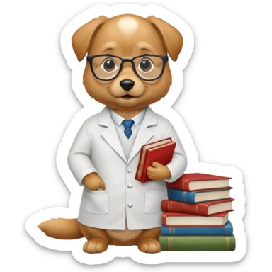 Wise dog with glasses, wearing a lab coat, perched on a stack of books. sticker