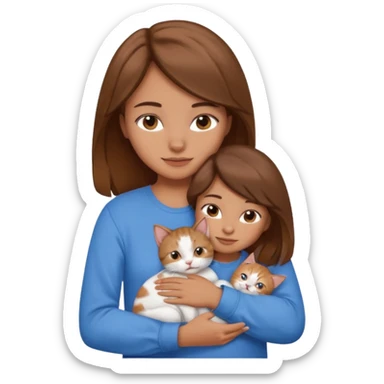 Create an emoji that has a girl wearing a blue shirt and brown hair snuggling a kitten. sticker