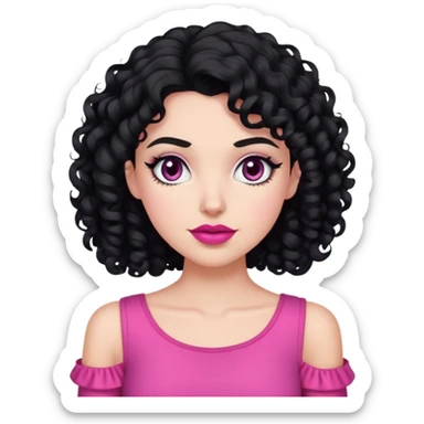 White girl with black curly hair till shoulder wearing pink top and having a dark pink lipstick sticker