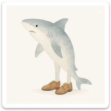 realistic shark wearing shoes, artistic watercolor style sticker